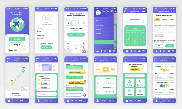 Set van UI, UX, GUI schermen Delivery app plat ontwerpsjabloon voor mobiele apps, responsieve website wireframes. Web design UI Kit. Leverings dashboard. — Stockvector