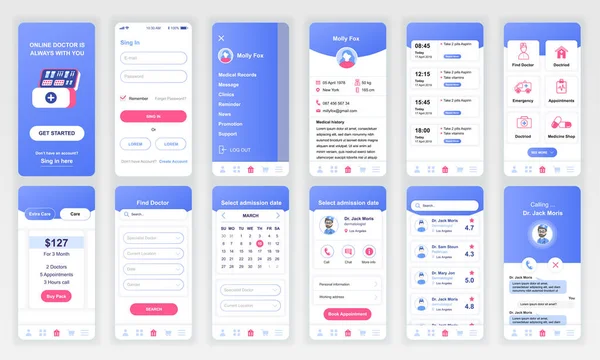 Set van UI, UX, GUI schermen geneeskunde app plat ontwerpsjabloon voor mobiele apps, responsieve website wireframes. Web design UI Kit. Geneeskunde dashboard. — Stockvector