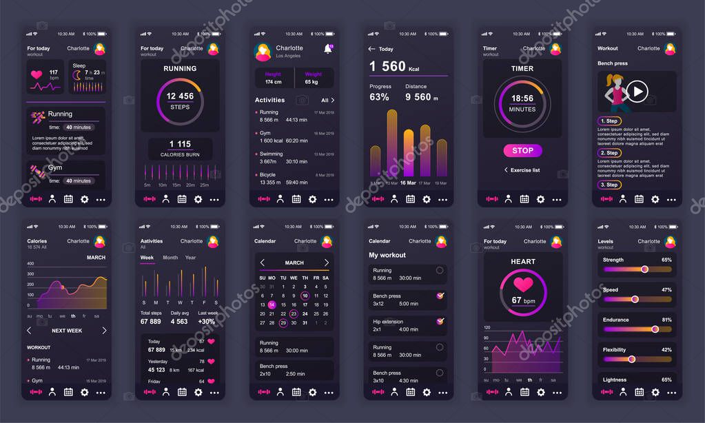 Set of UI, UX, GUI screens Fitness app flat design template for mobile apps, responsive website wireframes. Web design UI kit. Fitness Dashboard.