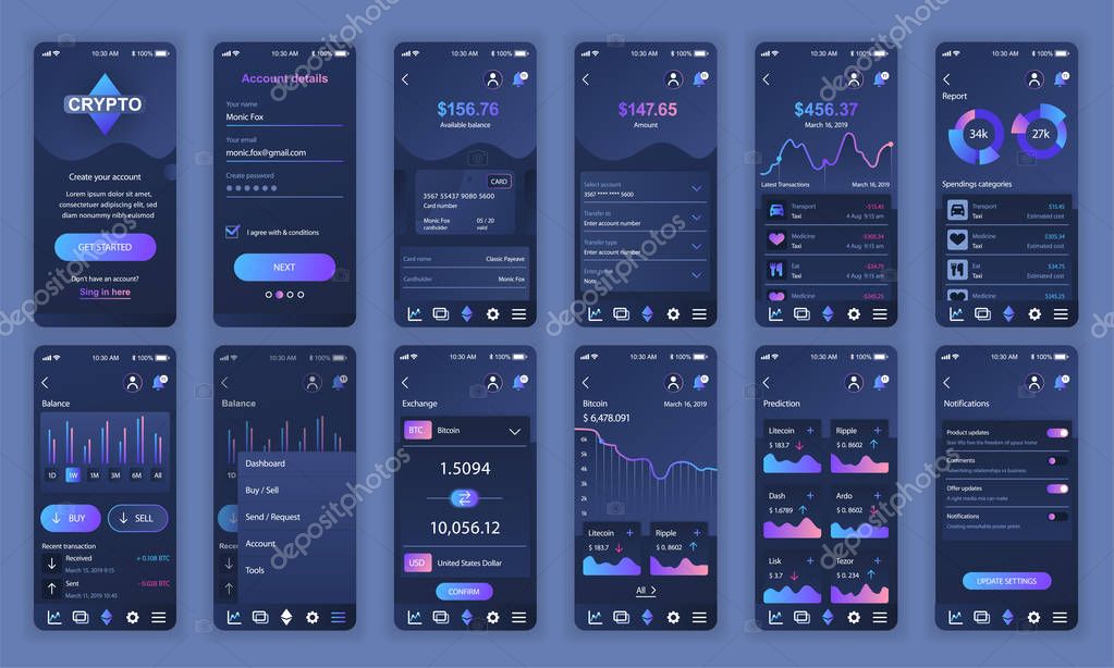 Set of UI, UX, GUI screens Cryptocurrency app flat design template for mobile apps, responsive website wireframes. Web design UI kit. Cryptocurrency Dashboard.