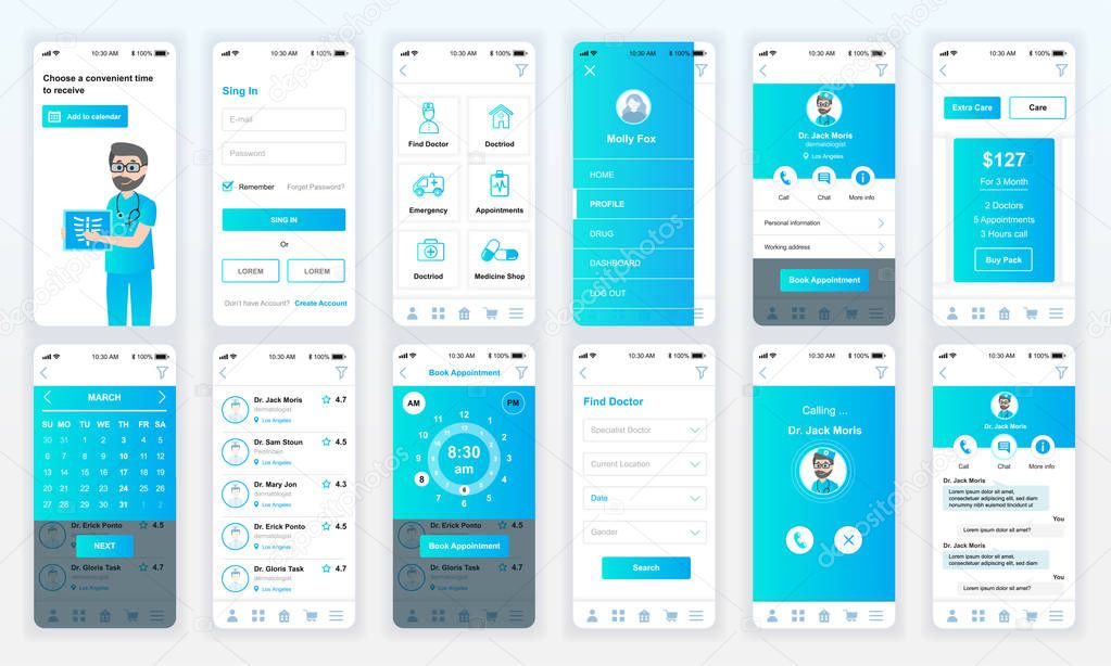 Set of UI, UX, GUI screens Medicine app flat design template for mobile apps, responsive website wireframes. Web design UI kit. Medicine Dashboard.