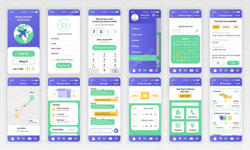 Set of UI, UX, GUI screens Delivery app flat design template for mobile apps, responsive website wireframes. Web design UI kit. Delivery Dashboard.