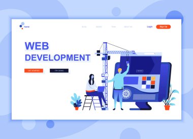 Modern düz web sayfası tasarım şablonu kavramı Web geliştirme web sitesi ve mobil web sitesi geliştirme için insan karakterinin dekore edilmiştir. Düz açılış sayfası şablonu. Vektör çizim.