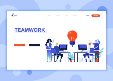 Modern düz web sayfa tasarım şablonu ekip çalışması kavramı insanların karakter Web sitesi ve mobil web sitesi geliştirme için dekore edilmiştir. Düz açılış sayfası şablonu. Vektör çizim.
