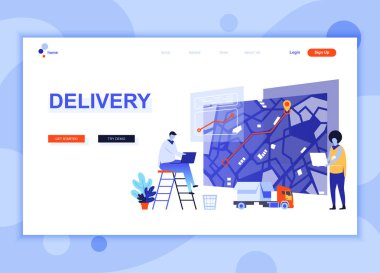 Modern düz web sayfası tasarım şablonu kavramı dünya çapında teslimat insanların karakter Web sitesi ve mobil web sitesi geliştirme için dekore edilmiştir. Düz açılış sayfası şablonu. Vektör çizim.
