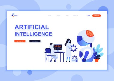 Modern düz web sayfa tasarım şablonu yapay zeka kavramı insanların karakter Web sitesi ve mobil web sitesi geliştirme için dekore edilmiştir. Düz açılış sayfası şablonu. Vektör çizim.