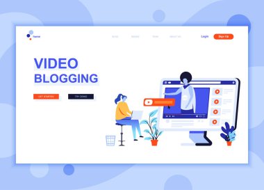 Modern düz web sayfası tasarım şablonu kavramı Video bloglama insanlar karakter Web sitesi ve mobil web sitesi geliştirme için dekore edilmiştir. Düz açılış sayfası şablonu. Vektör çizim.