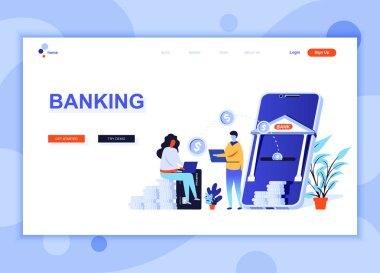 Modern düz web sayfası tasarım şablonu kavramı Online bankacılık insanlar karakter Web sitesi ve mobil web sitesi geliştirme için dekore edilmiştir. Düz açılış sayfası şablonu. Vektör çizim.