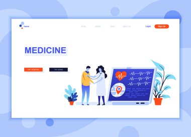 Tıp ve sağlık modern düz web sayfa tasarım şablonu kavramı insanların karakter Web sitesi ve mobil web sitesi geliştirme için dekore edilmiştir. Düz açılış sayfası şablonu. Vektör çizim.