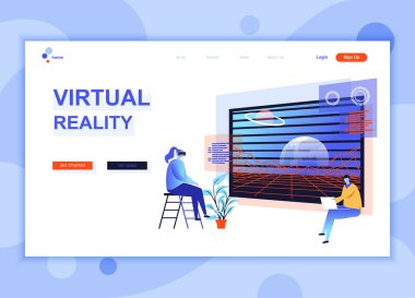 Modern düz web sayfası tasarım şablonu kavramı sanal Augmented Reality insanlar karakter Web sitesi ve mobil web sitesi geliştirme için dekore edilmiştir. Düz açılış sayfası şablonu. Vektör çizim.