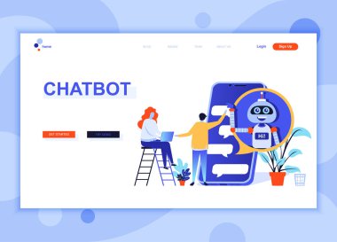 Chat Bot ve pazarlama modern düz web sayfa tasarım şablonu kavramı insanların karakter Web sitesi ve mobil web sitesi geliştirme için dekore edilmiştir. Düz açılış sayfası şablonu. Vektör çizim.