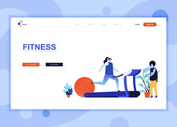 Conceptul modern de șablon de design plat al paginii web de fitness decorat personajul oamenilor pentru dezvoltarea site-ului web și a site-ului mobil. Șablon plat de pagină de destinație. Ilustrație vectorială . — Vector de stoc