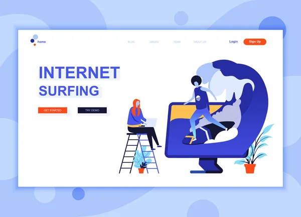Conceptul modern de șablon de design plat al paginii web de Internet Surfing a decorat personajul oamenilor pentru dezvoltarea site-ului web și a site-ului mobil. Șablon plat de pagină de destinație. Ilustrație vectorială . — Vector de stoc