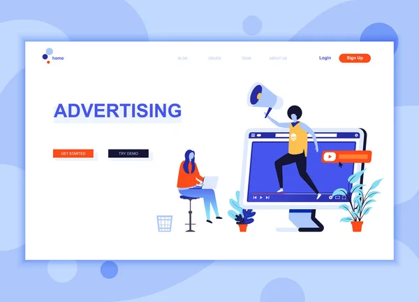 Moderna platt webbsida mall designkoncept av reklam och marknadsföring inredda personer karaktär för hemsida och mobila webbsida utveckling. Platt landning sida mallen. Vektorillustration. — Stock vektor