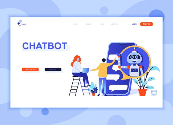 Moderna platt webbsida design mall begreppet Chat Bot och marknadsföring inredda personer karaktär för hemsida och mobila webbsida utveckling. Platt landning sida mallen. Vektorillustration. — Stock vektor