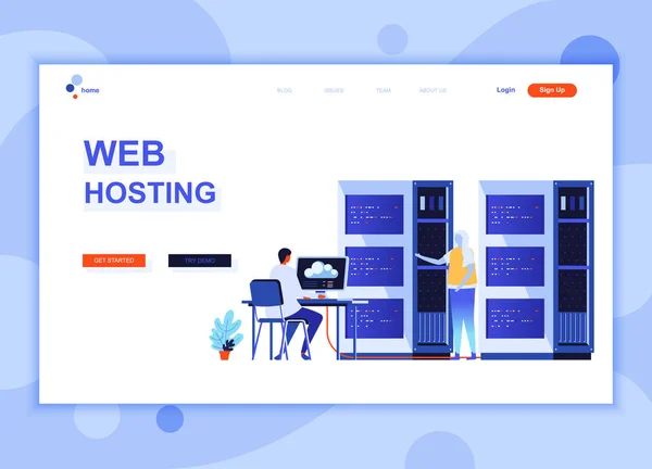 Koncepcji szablonu projektu nowoczesne płaskie strony sieci web Web Hosting urządzone ludzi znak dla witryny sieci Web i rozwoju witryny komórkowej. Szablon strony płaski docelowej. Ilustracja wektorowa. — Wektor stockowy