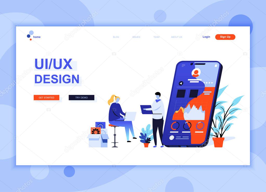 Modern flat web page design template concept of UX, UI Design decorated people character for website and mobile website development. Flat landing page template. Vector illustration.