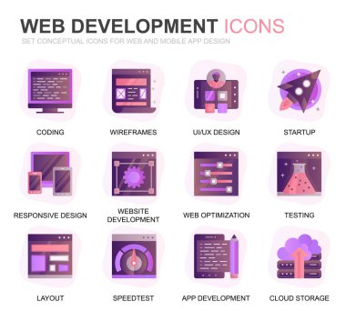 Web Sitesi ve Mobil Uygulamalar için Modern Set Web Disign ve Geliştirme Gradyan Düz Simgeler. Kodlama, Uygulama Geliştirme, Kullanılabilirlik gibi simgeler içerir. Kavramsal renk düz simgesi. Vektör piktogram paketi.