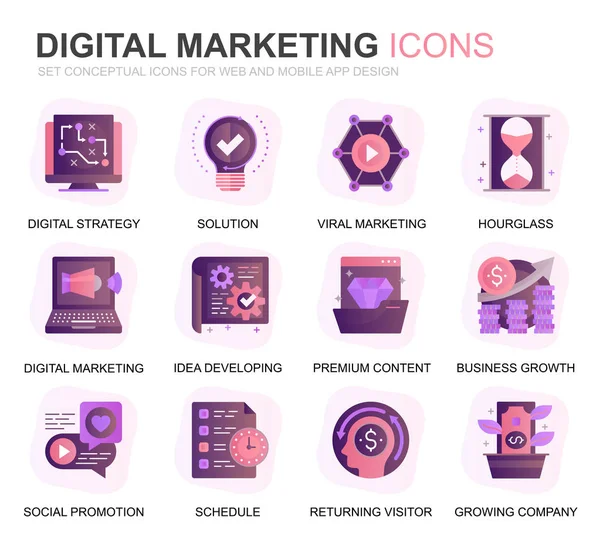 Conjunto moderno de Negocios y Gradiente de Marketing Iconos planos para el sitio web y aplicaciones móviles. Contiene iconos como la Estrategia Digital, la Solución Global, el Mercado. Icono plano de color conceptual. Paquete pictograma vectorial . — Vector de stock