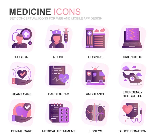 Moderne Set flache Symbole für das Gesundheits- und Medizingefälle für Webseiten und mobile Apps. enthält Symbole wie Arzt, Krankenhaus, medizinische Geräte. konzeptionelle Farbflach-Symbol. Vektor-Piktogrammpaket. — Stockvektor