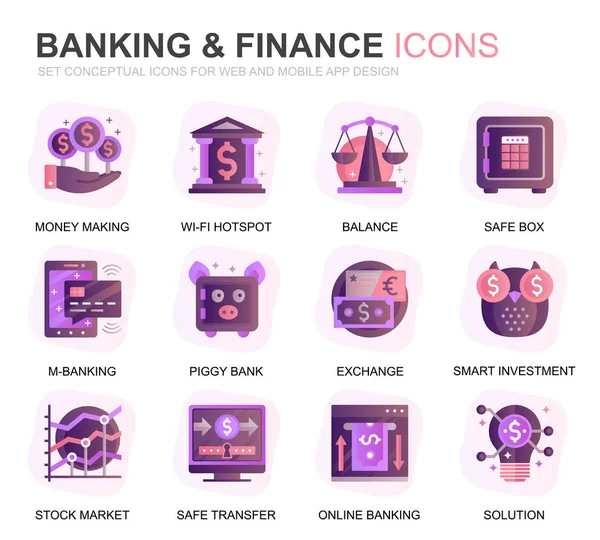 Moderne Set-Banking-und Finanzgradienten flache Symbole für Website und mobile Apps. enthält Symbole wie Saldo, E-Banking, Auktion, Finanzwachstum. konzeptionelle Farbflach-Symbol. Vektor-Piktogrammpaket. — Stockvektor