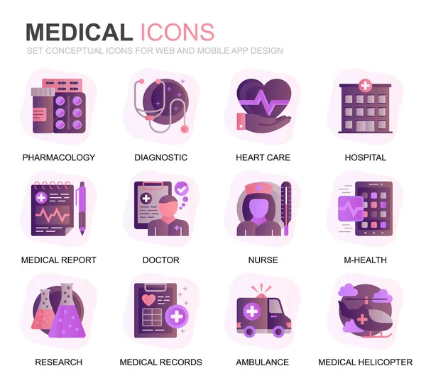 Conjunto moderno de salud y gradiente médico iconos planos para el sitio web y aplicaciones móviles. Contiene iconos como Ambulancia, Primeros Auxilios, Investigación, Hospital. Icono plano de color conceptual. Paquete pictograma vectorial . — Archivo Imágenes Vectoriales