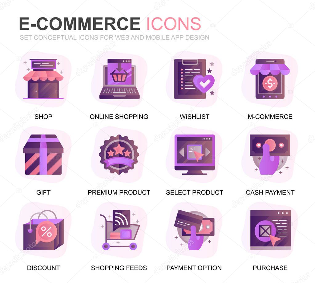 Modern Set E-Commerce and Shopping Gradient Flat Icons for Website and Mobile Apps. Contains such Icons as Delivery, Payment, Basket, Customer, Shop. Conceptual color flat icon. Vector pictogram pack.