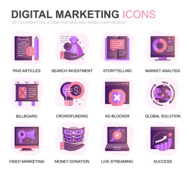 Web Sitesi ve Mobil Uygulamalar için Modern Set İş ve Pazarlama Gradyan Düz Simgeler. Dijital Strateji, Küresel Çözüm, Pazar gibi simgeler içerir. Kavramsal renk düz simgesi. Vektör piktogram paketi.