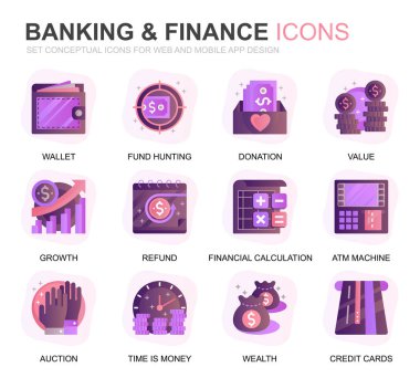 Web Sitesi ve Mobil Uygulamalar için Modern Set Bankacılık ve Finans Gradyan Düz Simgeler. Denge, E-Bankacılık, Müzayede, Finansal Büyüme gibi simgeler içerir. Kavramsal renk düz simgesi. Vektör piktogram paketi.