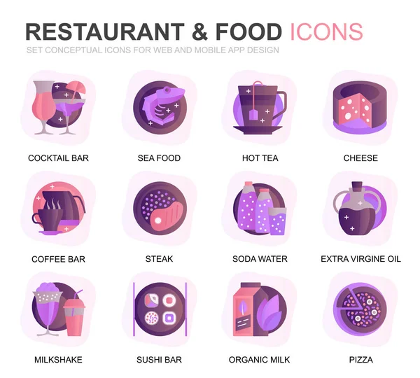 Moderní restaurační a potravinové přechody ploché ikony pro webové stránky a mobilní aplikace. Obsahuje takové ikony, jako jsou rychlé občerstvení, menu, bio ovoce, kavárna. Ikonka v konceptuální barvě. Vektorová sada piktogramů. — Stockový vektor
