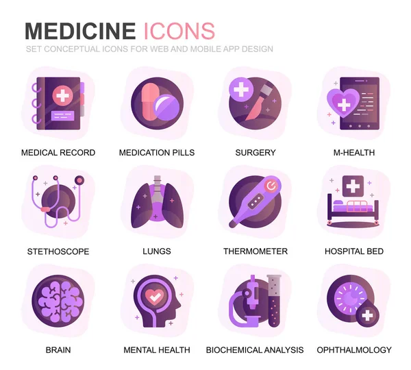 Conjunto moderno de saúde e medicina Gradiente ícones planos para site e aplicativos móveis. Contém ícones como Doutor, Hospital, Equipamento Médico. Ícone de cor plana conceitual. Embalagem de pictograma vetorial . — Vetor de Stock