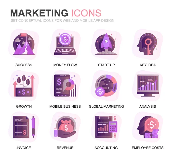 Modern Set Business and Marketing Gradient Flat Icons for Website and Mobile Apps (dalam bahasa Inggris). Berisi Ikon seperti Vision, Mission, Planning, Market. Ikon datar warna konseptual. Paket piktogram vektor . - Stok Vektor