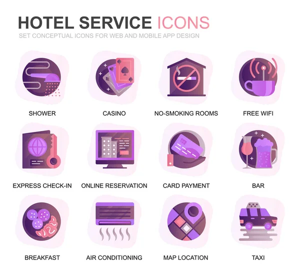 现代集酒店服务渐变平面图标的网站和移动应用程序。包含诸如行李、接待、客房服务、健身中心等图标。概念颜色平面图标。矢量象形图包. — 图库矢量图片