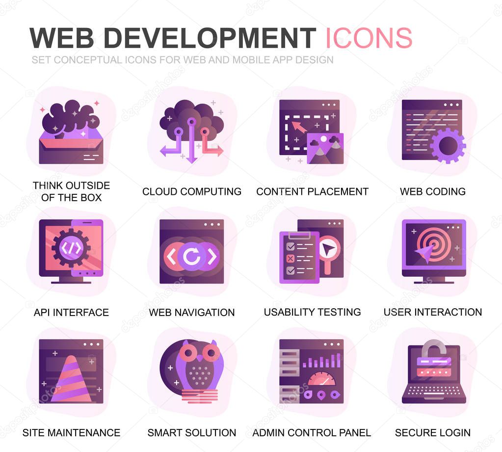 Modern Set Web Disign and Development Gradient Flat Icons for Website and Mobile Apps. Contains such Icons as Coding, App Development, Usability. Conceptual color flat icon. Vector pictogram pack.