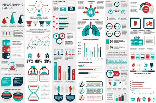 Elementos de infografía médica visualización de datos plantilla de diseño vectorial. Se puede utilizar para pasos, opciones, flujo de trabajo, diagrama, concepto de diagrama de flujo, línea de tiempo, iconos de la salud, investigación, gráficos de información . — Vector de stock