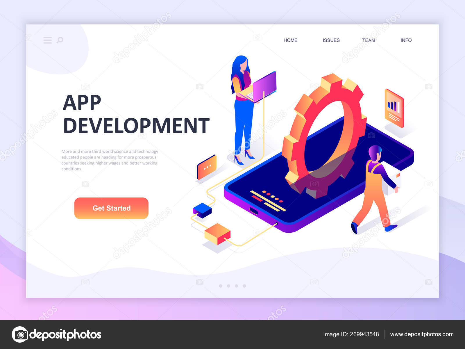 응용 프로그램 개발의 아이소메트릭 개념을 현대적인 평면 디자인 웹사이트 및 모바일 웹사이트 개발에 대 한 사람들이 문자 장식.  아이소메트릭 방문 페이지 템플릿입니다. 벡터 일러스트 레이 션. 스톡 벡터 - ©alexdndz 269943548