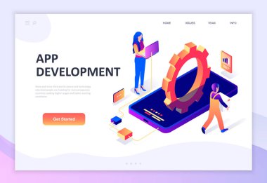 Modern düz tasarım uygulama geliştirme izometrik kavramı insanların karakter Web sitesi ve mobil web sitesi geliştirme için dekore edilmiştir. İzometrik açılış sayfası şablonu. Vektör çizim.