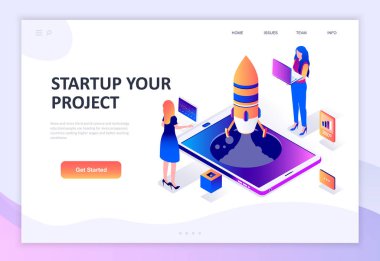 Modern düz tasarım başlangıç Your projesi izometrik kavramı insanların karakter Web sitesi ve mobil web sitesi geliştirme için dekore edilmiştir. İzometrik açılış sayfası şablonu. Vektör çizim.