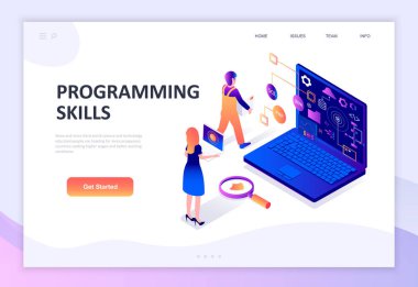 Modern düz tasarım programlama becerileri izometrik kavramı insanların karakter Web sitesi ve mobil web sitesi geliştirme için dekore edilmiştir. İzometrik açılış sayfası şablonu. Vektör çizim.