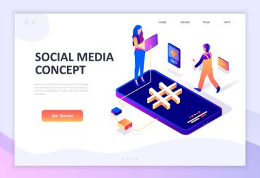 Modern düz tasarım izometrik kavramı sosyal medya insanların karakter Web sitesi ve mobil web sitesi geliştirme için dekore edilmiştir. İzometrik açılış sayfası şablonu. Vektör çizim.