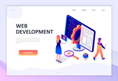 Modern düz izometrik tasarım Web geliştirme web sitesi ve mobil web sitesi geliştirme için insan karakterinin dekore edilmiştir. İzometrik açılış sayfası şablonu. Vektör çizim.