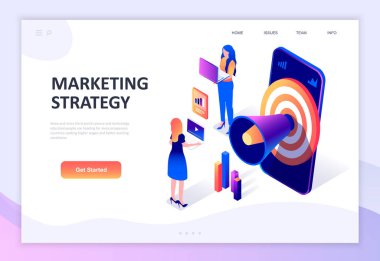 Modern düz tasarım pazarlama stratejisi izometrik kavramı insanların karakter Web sitesi ve mobil web sitesi geliştirme için dekore edilmiş. İzometrik açılış sayfası şablonu. Vektör çizim.