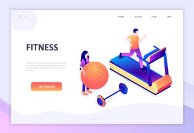 Modern düz tasarım izometrik Fitness kavramı insanların karakter Web sitesi ve mobil web sitesi geliştirme için dekore edilmiştir. İzometrik açılış sayfası şablonu. Vektör çizim.