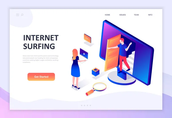 Modern flat design isometric concept of Internet Surfing decorated people character for website and mobile website development. Isometric landing page template. Vector illustration. — Stock Vector