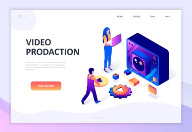 Video Üretim Modern düz tasarım izometrik kavramı web sitesi ve mobil web sitesi geliştirme için insan karakteri dekore. Isometrik açılış sayfası şablonu. Vektör çizimi.