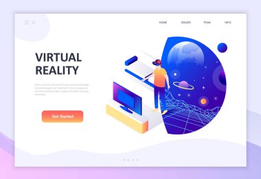 Modern düz tasarım izometrik kavramı sanal Augmented Reality insanlar karakter Web sitesi ve mobil web sitesi geliştirme için dekore edilmiştir. İzometrik açılış sayfası şablonu. Vektör çizim.