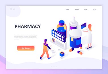 Eczacı eczane modern düz tasarım izometrik kavramı insanların karakter Web sitesi ve mobil web sitesi geliştirme için dekore edilmiştir. İzometrik açılış sayfası şablonu. Vektör çizim.