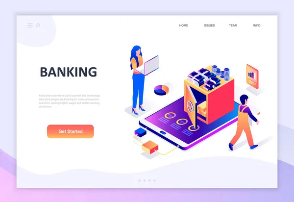 Moderne platte isometrische ontwerpconcept van Online Banking ingericht mensen teken voor website en mobiele websiteontwikkeling. Isometrische landing paginasjabloon. Vectorillustratie. — Stockvector