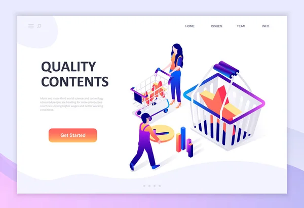 Design plano moderno conceito isométrico de conteúdo de qualidade pessoas decoradas personagem para site e desenvolvimento de site móvel. Modelo de landing page isométrica. Ilustração vetorial . — Vetor de Stock