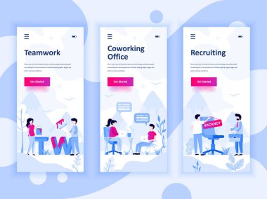 Onboarding ekranlar Kullanıcı arabirimi seti dizi ekip çalışması, Coworking ofis, işe alma, mobil app şablonlar kavramı için. Modern Ux, UI ekran telefon veya duyarlı web sitesi için. Vektör çizim.
